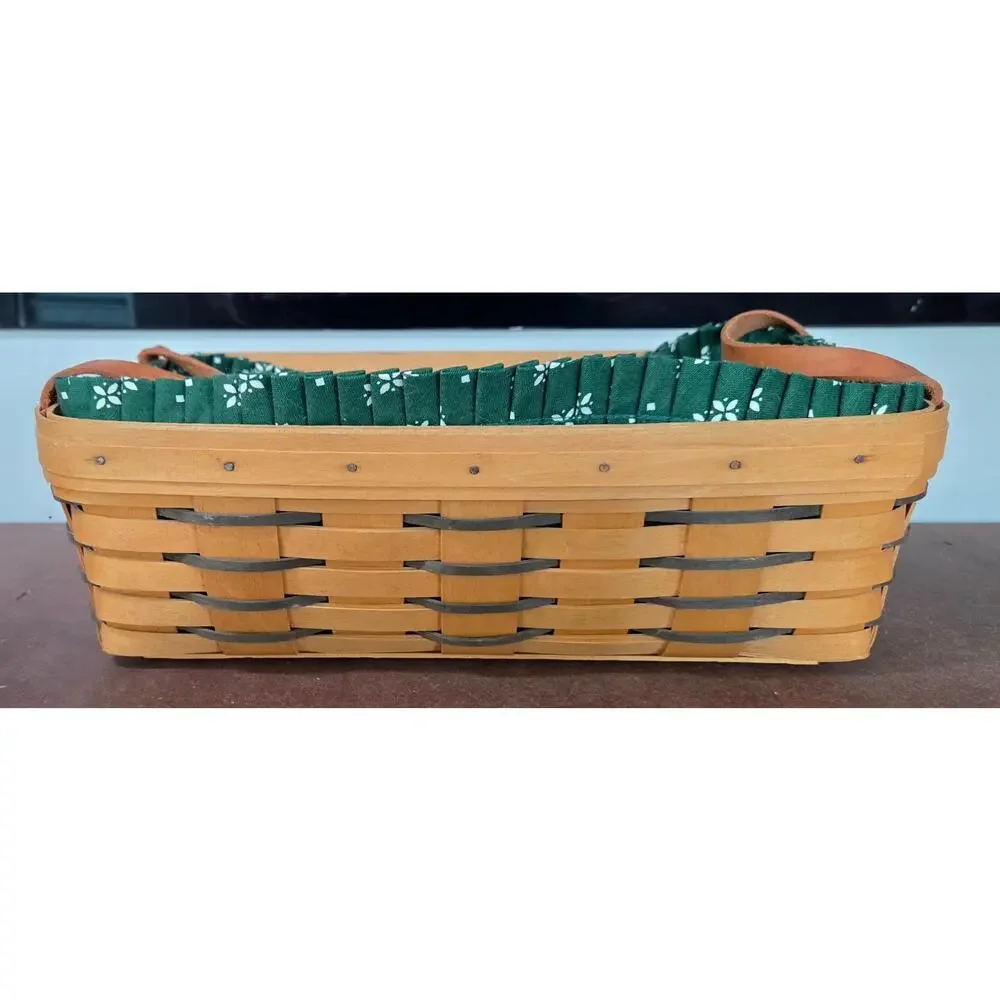 Vintage 1999 Longaberger Rectangle Basket Green Heritage Fabric Liner & Handles